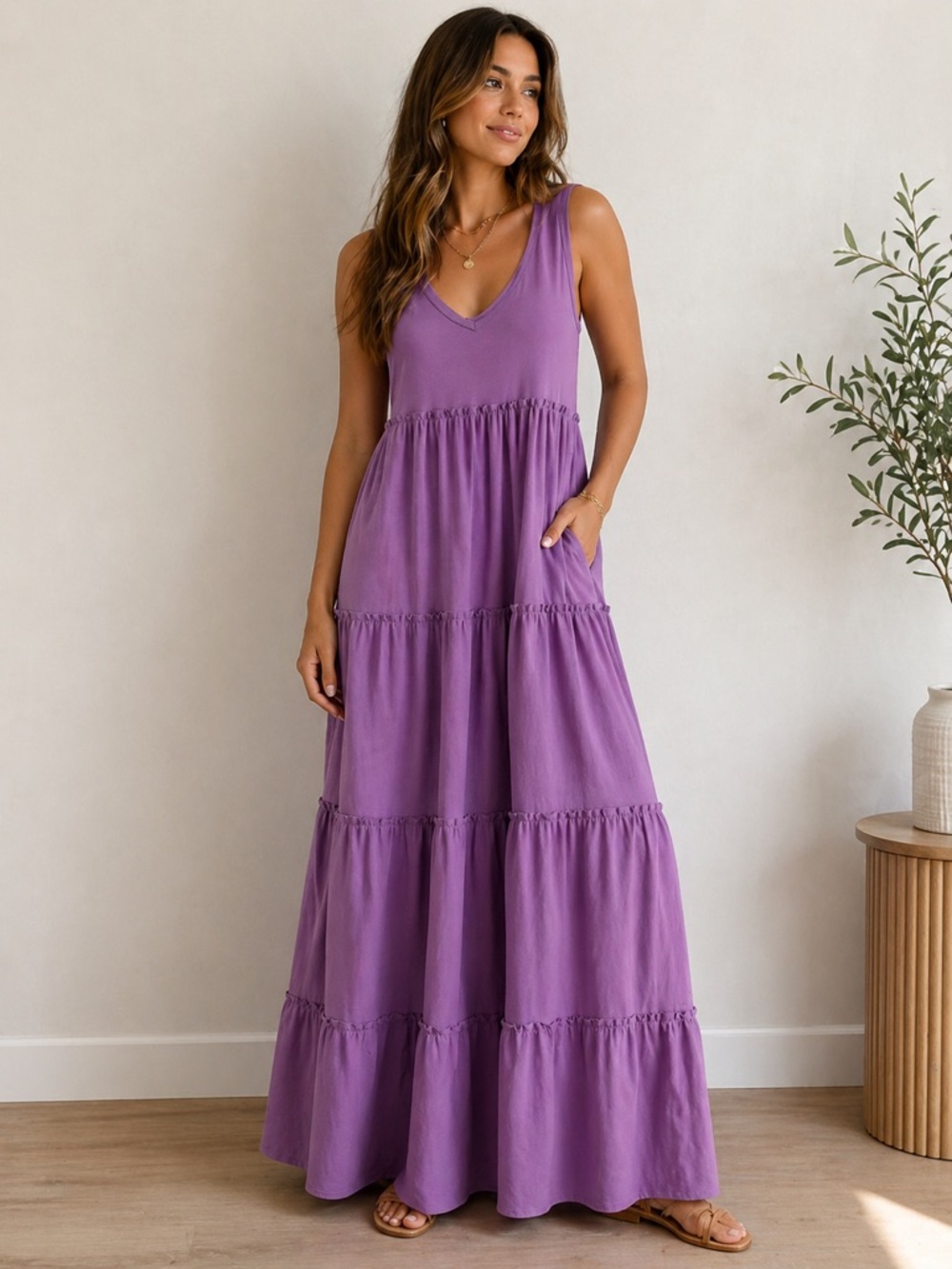 ☀️ Zenana Lavender V-Neck Tiered Maxi Dress w/ Adjustable Straps
